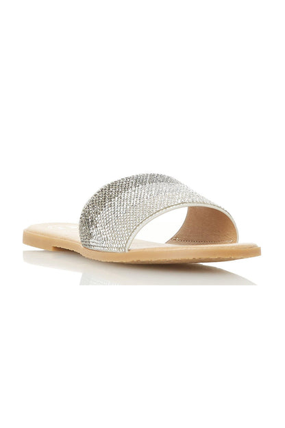 Dune London silver sparkly slide sandal with open toe and tan sole