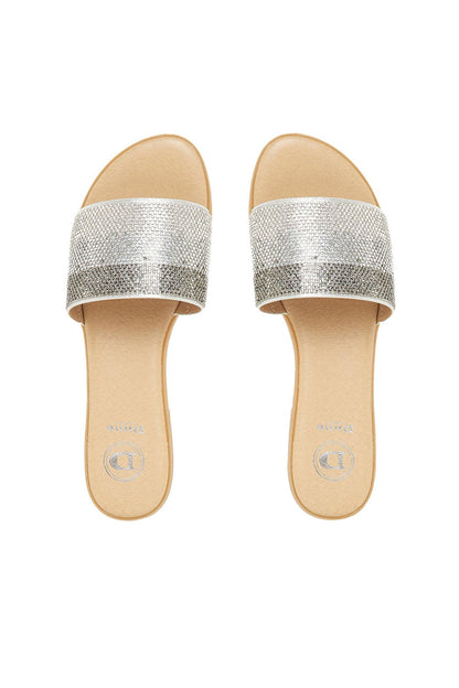 Dune London silver sparkly strap slide sandals, tan footbed and rubber sole