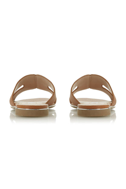 Tan leather slide sandal with open toe and wide U-shaped straps, flat sole