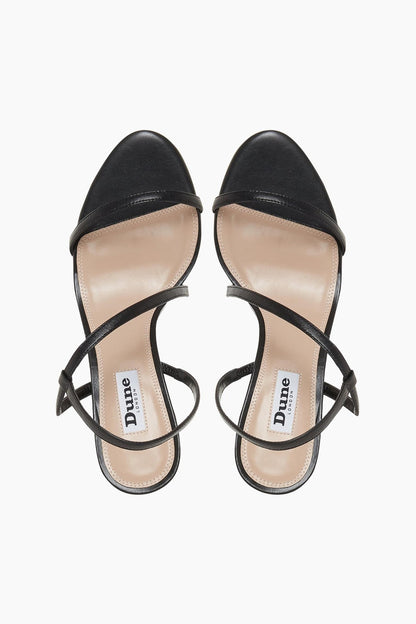 Black strappy heeled sandals with two-piece upper and open toe