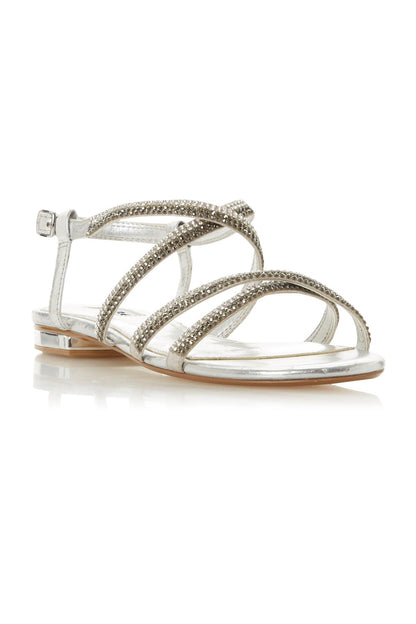 Dune London silver rhinestone sandal with multi-strap upper and ankle buckle