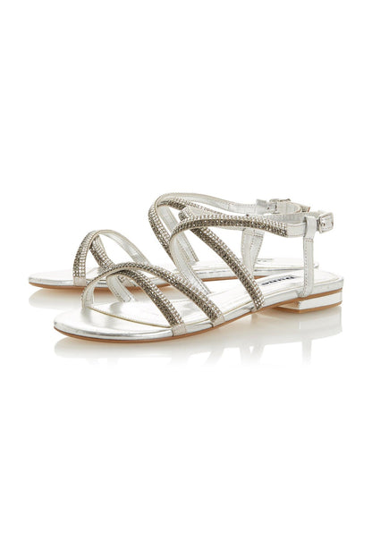 Silver rhinestone slide sandals with crisscross straps and buckle closure