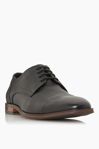 Black leather lace-up oxford shoes with brown sole, side view
