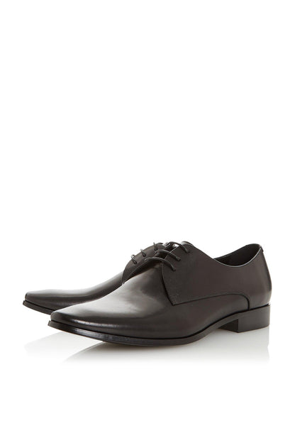 Black leather lace-up dress shoe with smooth upper and low heel, side view