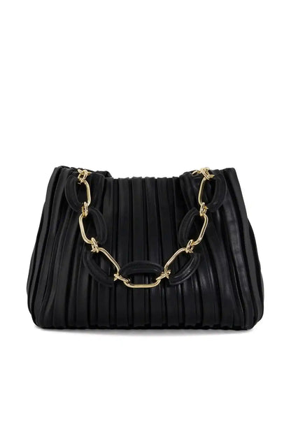 Black pleated shoulder bag with chunky gold chain handle and top clasp