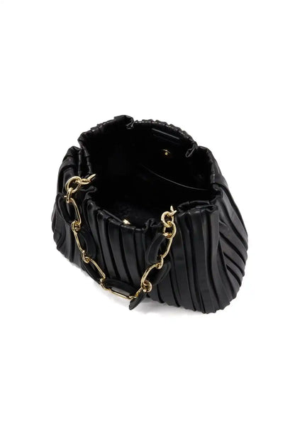 Black pleated shoulder bag interior view with gold chain detail