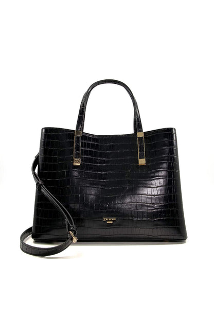 Dune London black croc-textured tote bag with top handles and gold hardware