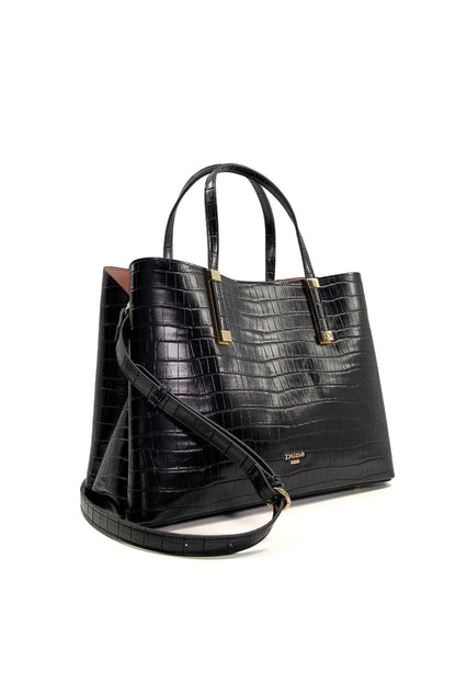 Black croc-textured tote bag with adjustable crossbody strap and gold hardware
