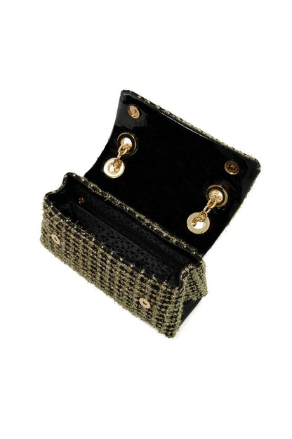 Gold-tone tweed mini handbag open view with black lining and gold hardware