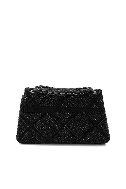 Black quilted shoulder bag with chain strap and front flap