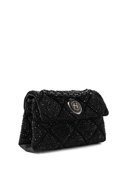 Black quilted shoulder bag side view with chain strap and flap clasp