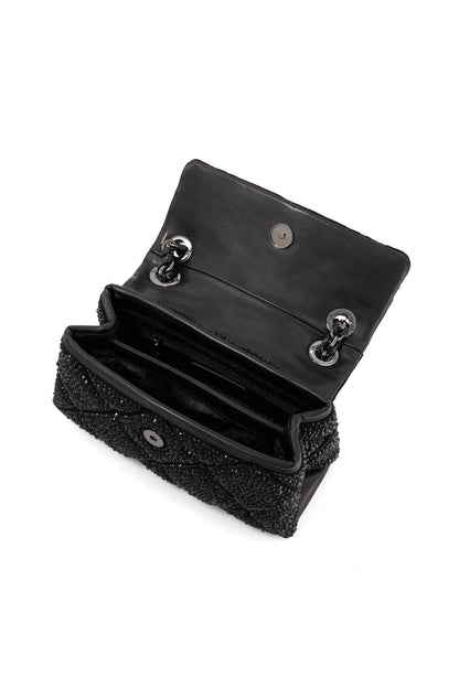 Black glitter shoulder bag open flap with magnetic snap and inner pocket