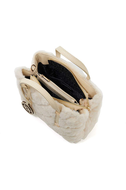 Cream plush quilted handbag open with black interior and zip pocket