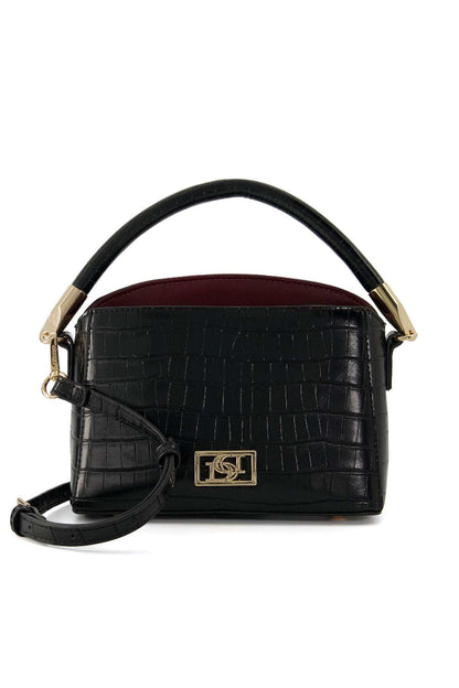 Dune London black croc-embossed mini shoulder bag with gold logo clasp and strap