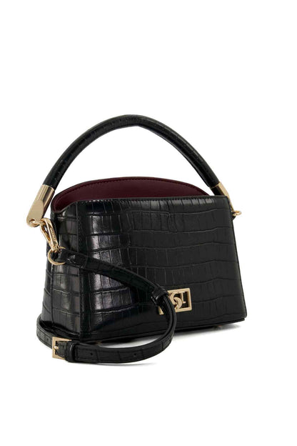 Dune London black croc-embossed mini shoulder bag with gold logo plate and crossbody strap