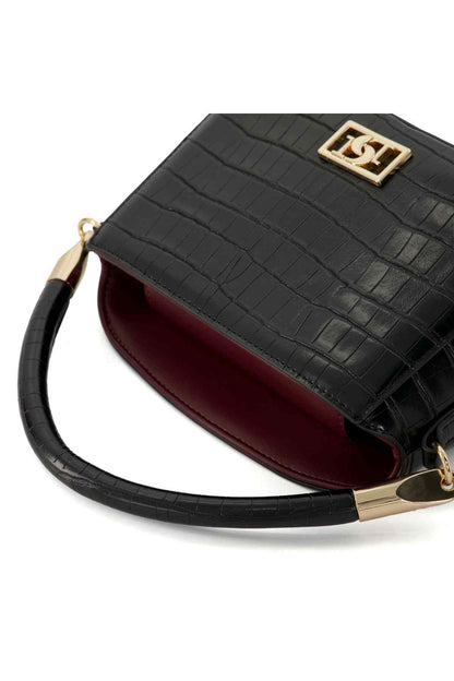 Dune London black croc-embossed mini shoulder bag with burgundy lining and gold trim