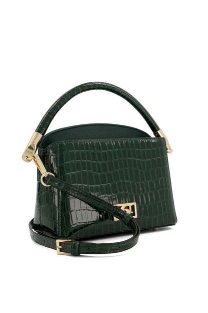 Dark green croc-embossed mini bag with top handle, crossbody strap, gold hardware