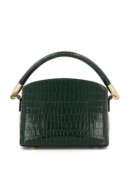 Dark green croc-embossed mini crossbody bag with gold-tone handles and clasp