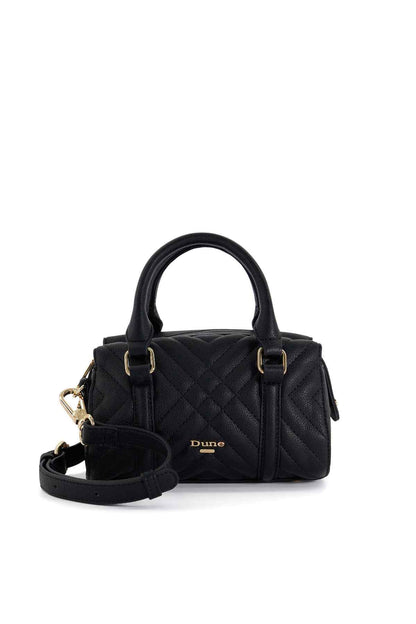 Black quilted mini handbag with top handles, gold hardware, and crossbody strap