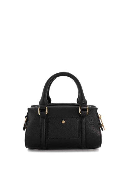 Black mini satchel handbag with front pocket, gold-tone buckles, and top handles
