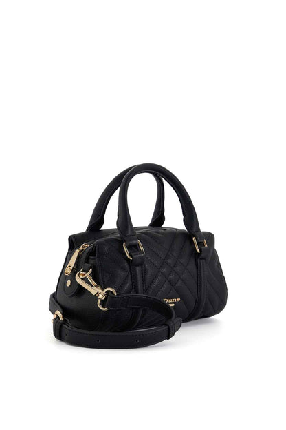 Black quilted handbag angled view with top handles, gold hardware, and crossbody strap