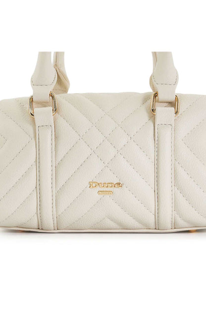 Quilted off-white handbag front panel with logo and top handle tabs.