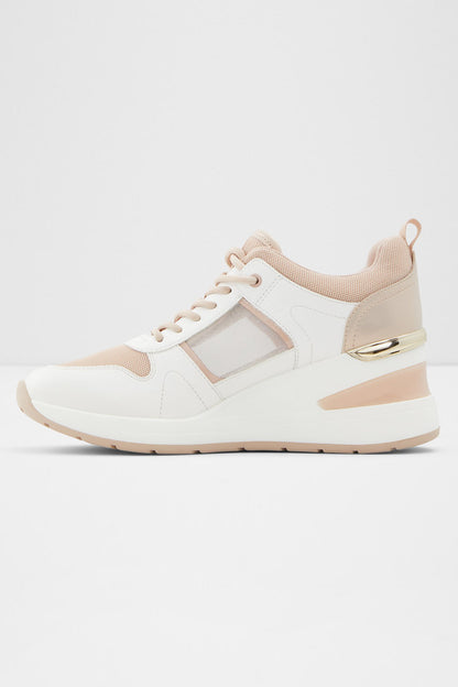 ALDO light pink and white platform sneakers, front 3/4 view with laces and side panels
