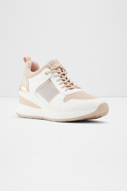 ALDO light pink and white platform sneakers, front view with lace-up and cushioned collar