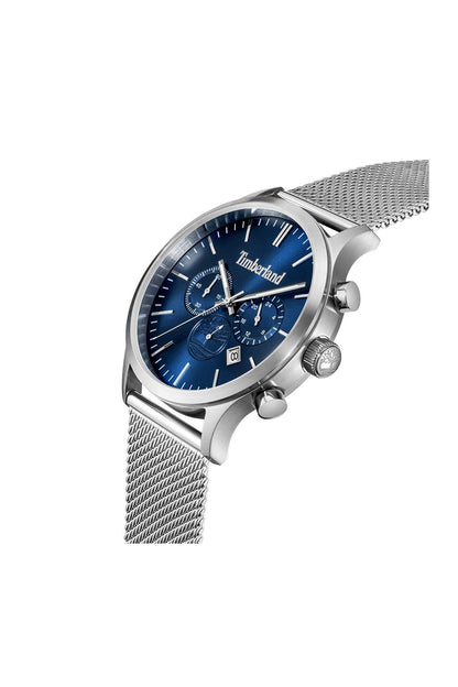 Timberland blue dial watch with silver mesh strap and crown at 3 o'clock