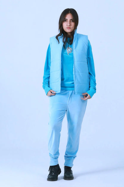 Blue quilted puffer vest with hood and zip front, full-body view