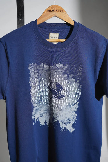 Navy crewneck T-shirt with distressed white skyline anchor graphic