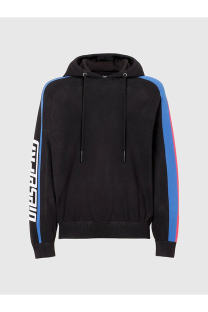 Diesel black hoodie with hood and drawstrings, multicolor sleeve stripes
