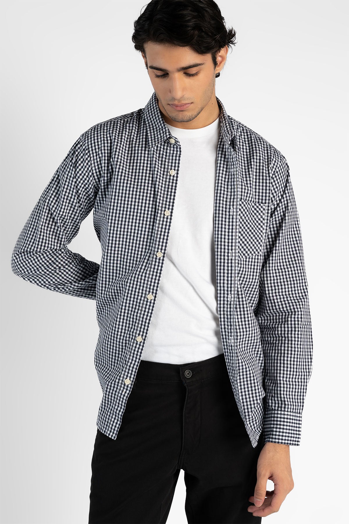 Men's Levi's black-and-white check button-up shirt, long sleeves, front view