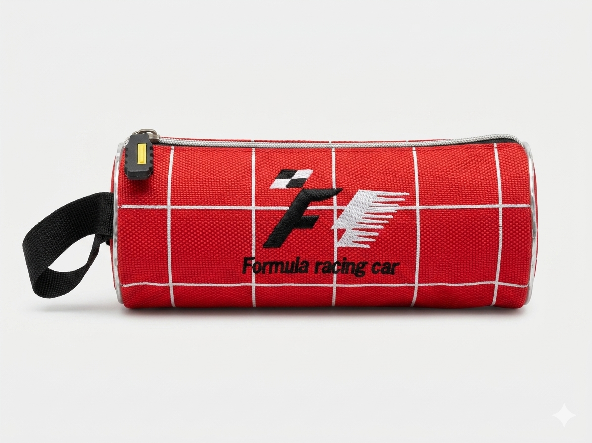BabyShop red checkered zipper pouch with Formula racing car logo