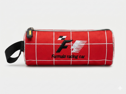BabyShop red checkered zipper pouch with Formula racing car logo