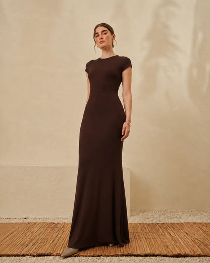Brown long fitted maxi dress with short sleeves, crew neck
