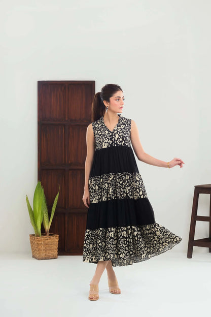 Velour sleeveless tiered dress, black-and-cream floral print, side view