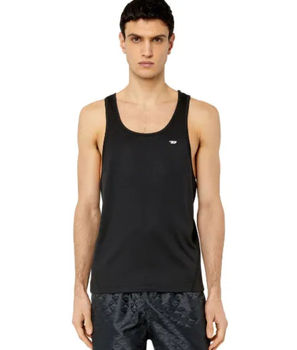 Men's black sleeveless tank top with small white logo at chest