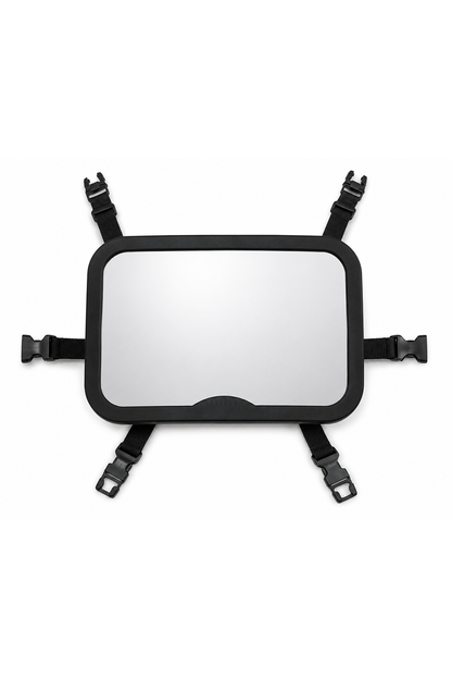 Black back seat car mirror with adjustable straps and mounting clips