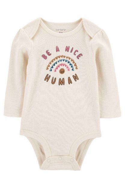 Carter's ivory long-sleeve bodysuit with Be a Nice Human rainbow graphic