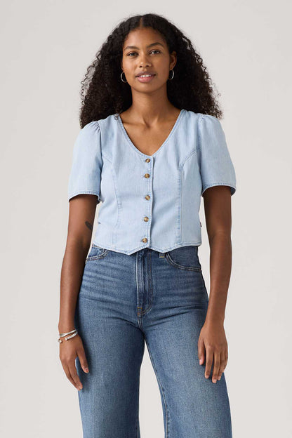 Levi's light blue denim button-front cropped top, short sleeves
