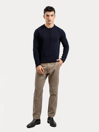 Men's navy blue cotton knit crewneck sweater with ribbed hem and cuffs