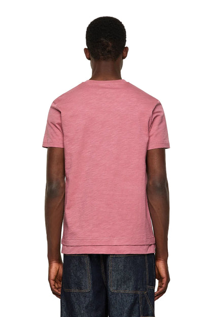 Pink V-neck T-shirt, back view, short sleeves and straight hem