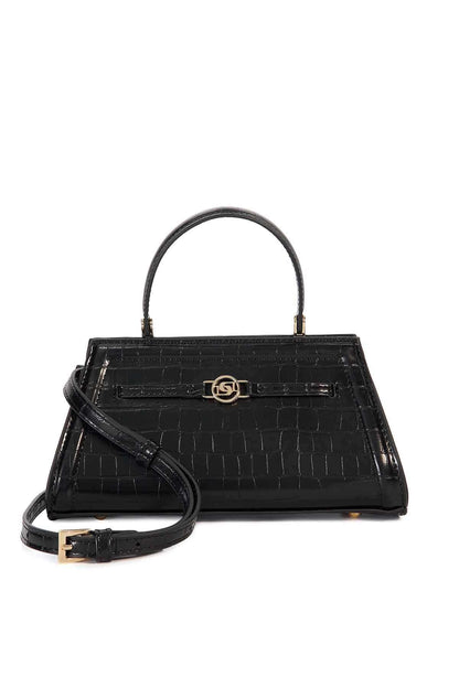 Black croc-embossed mini handbag with top handle, shoulder strap, and clasp closure