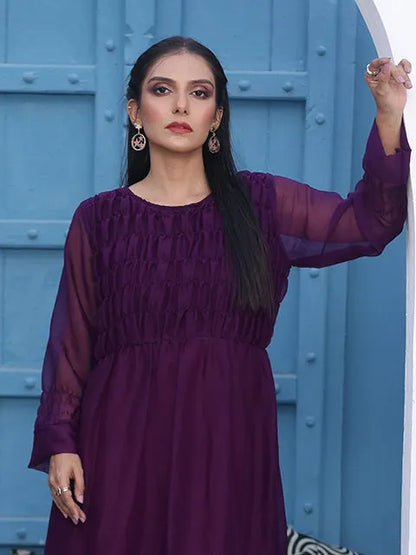 Nazmina dark purple tiered midi dress, front view with gathered bodice and flared skirt