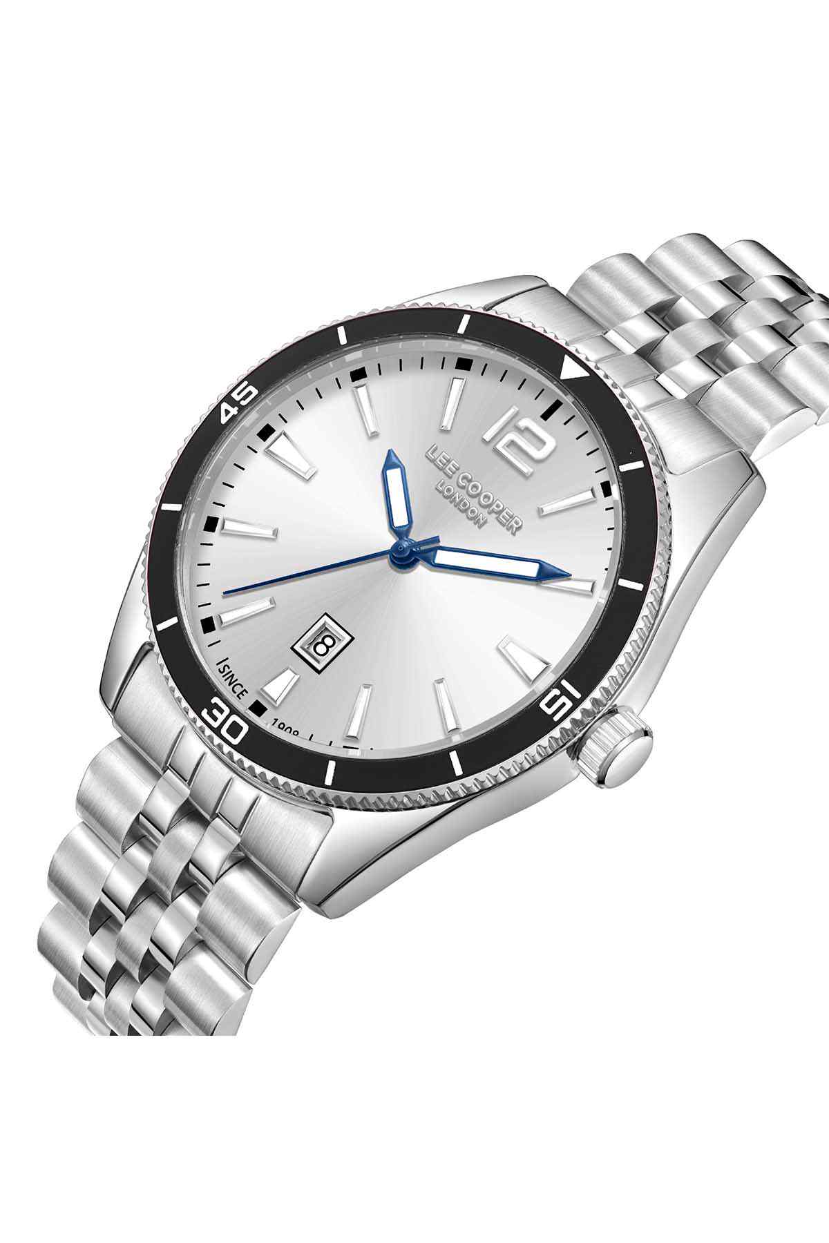 Lee Cooper silver metal wristwatch with white face, blue accents, and date window