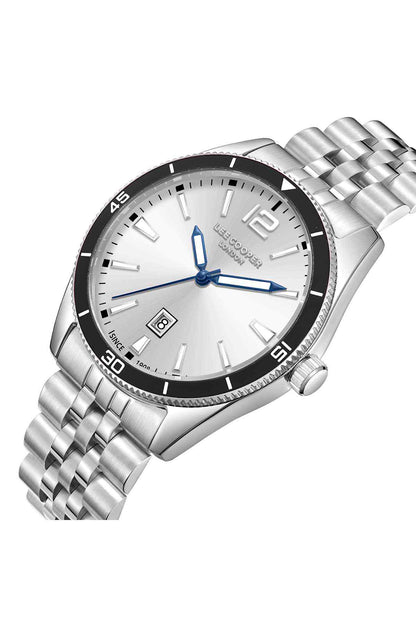 Lee Cooper silver metal wristwatch with white face, blue accents, and date window