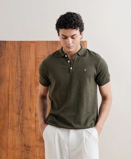 Olive fitted polo shirt with button placket, short sleeves, and small chest logo