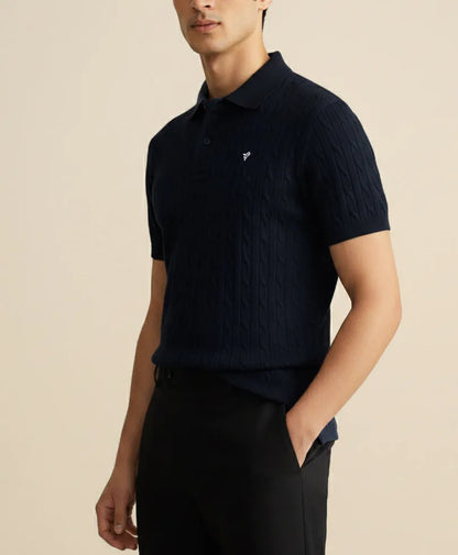 Dark navy textured knit polo shirt with short sleeves and buttoned collar