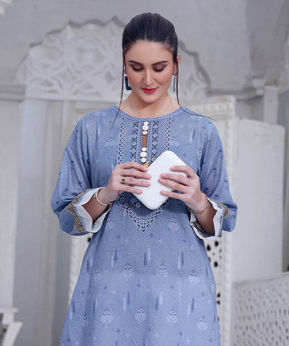 Light blue printed kurta with embroidered front and decorative sleeve cuffs